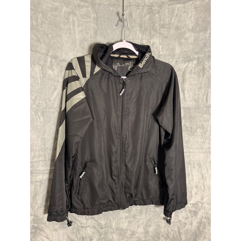Bench Womens Black Graphic Windbreaker Hooded Full Zip Jacket Large
